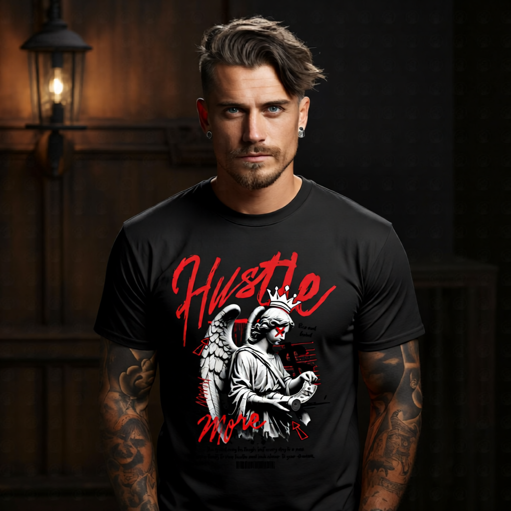 Hustle More marble angel holding cash roll red brush script crown dollar sign oversized tee Project Hood