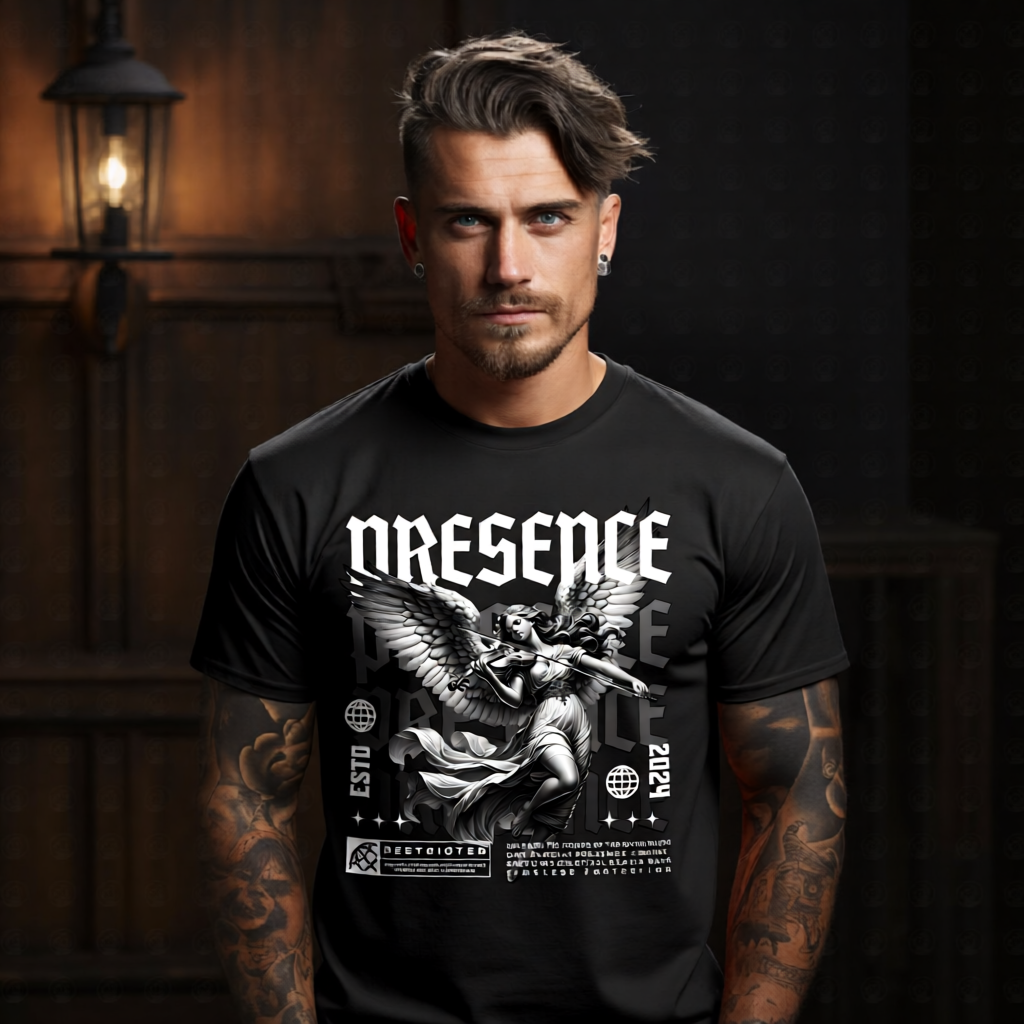 Presence angel playing violin with large wings repeating gothic typography monochrome oversized tee Project Hood