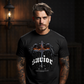 Savior winged cross with fire embers triple blackletter gothic text dark faith oversized tee Project Hood