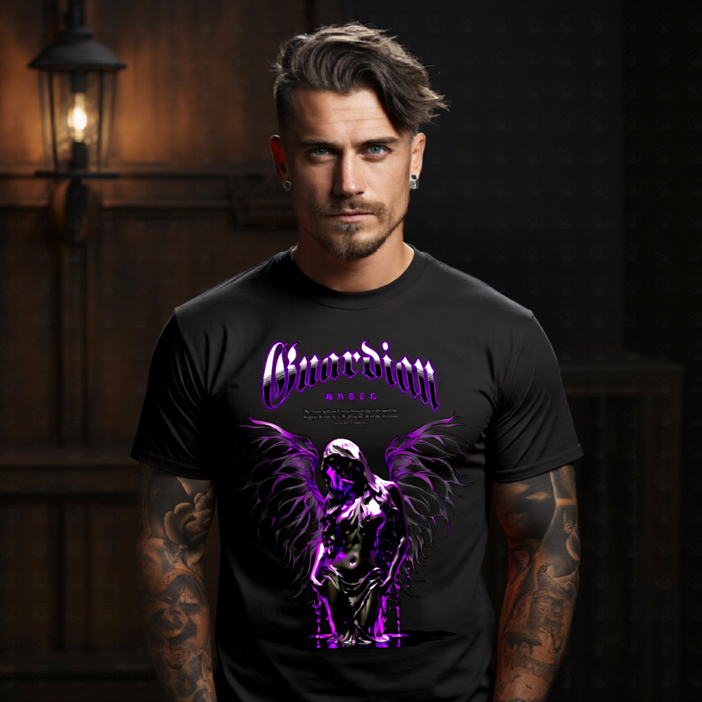 Guardian Angel oversized streetwear t-shirt — hooded dark angel with thorny branch wings and neon purple moon quote gothic graphic tee by Project Hood