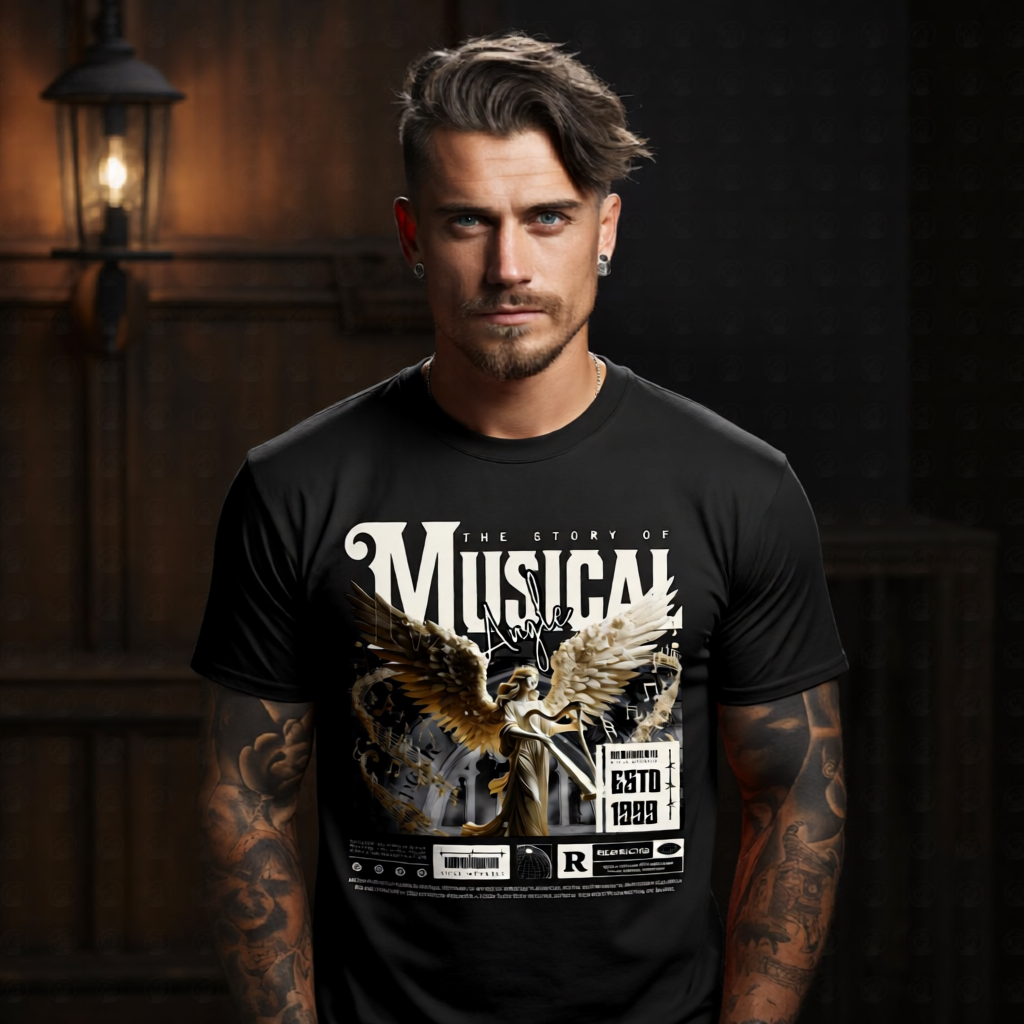 Musical Angel harp gold wings floating music notes cream gold palette oversized tee Project Hood
