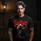Suffer dark angel in black robes with gold dripping wings red gothic type crosshair waveform oversized tee Project Hood