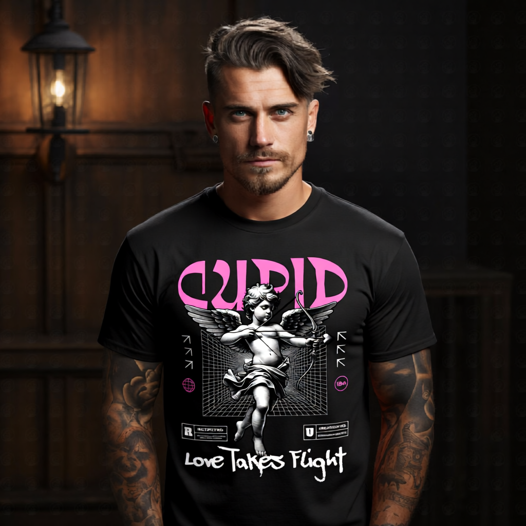 Cupid bow and arrow engraving style cherub pink CUPID bold text perspective grid box Love Takes Flight graffiti script oversized tee Project Hood