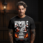 Humble marble angel statue holding cross lance over red black checkerboard background with fire HUMBLE oversized block outline tee Project Hood