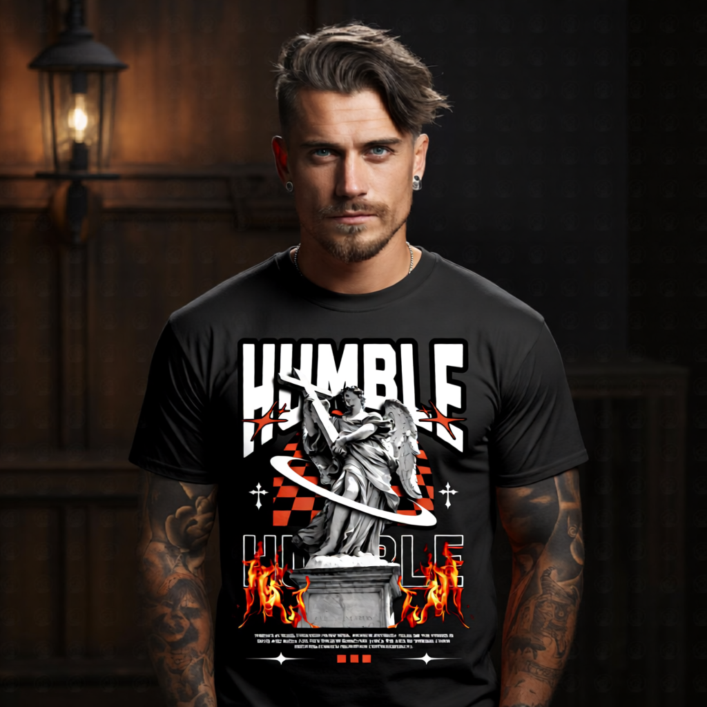 Humble marble angel statue holding cross lance over red black checkerboard background with fire HUMBLE oversized block outline tee Project Hood