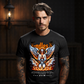 Endless praying angel kneeling hands clasped glowing light orange fire storm clouds silver blue and orange wings gothic Endless lettering oversized tee Project Hood