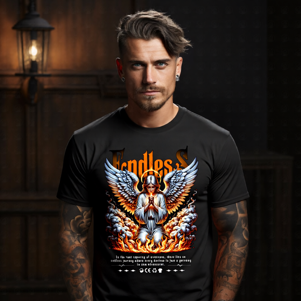 Endless praying angel kneeling hands clasped glowing light orange fire storm clouds silver blue and orange wings gothic Endless lettering oversized tee Project Hood