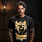 Fallen Angel dark black oil figure with gold drip cream white wings large Fallen and Angel gold blackletter gothic text oversized tee Project Hood