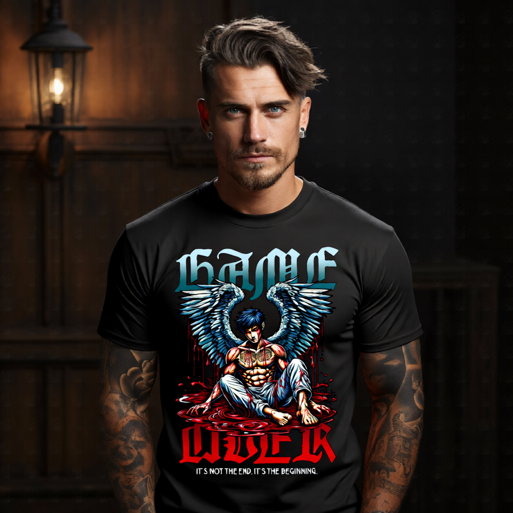 Game Over muscular warrior angel seated in red blood pool teal blue wings dripping blood chest tattoo GAME teal blackletter OVER red type oversized tee Project Hood