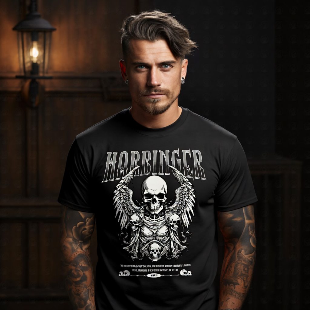 Harbinger large winged skull center with flanking skulls gothic armor barbed wire HARBINGER arch gradient text MMXII roman numerals oversized tee Project Hood