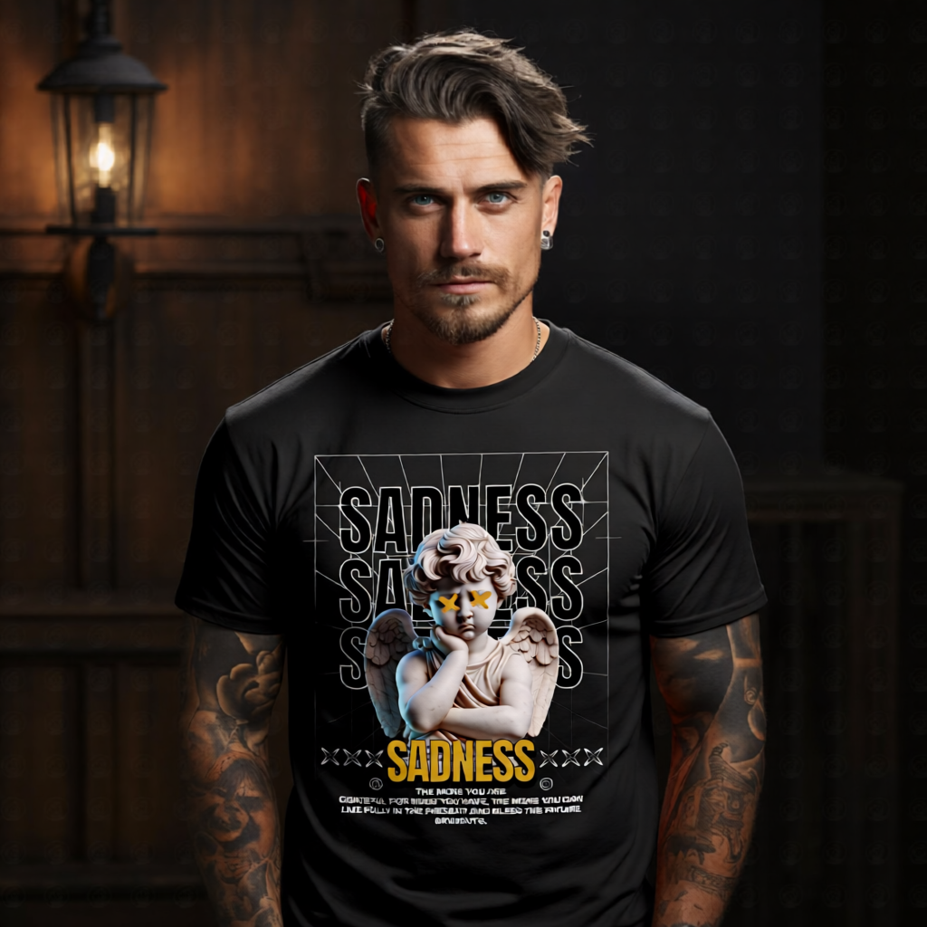 Sadness marble cherub with orange gold X marked eyes pouting pose repeating SADNESS black diminishing type perspective grid gold SADNESS bold at base oversized tee Project Hood