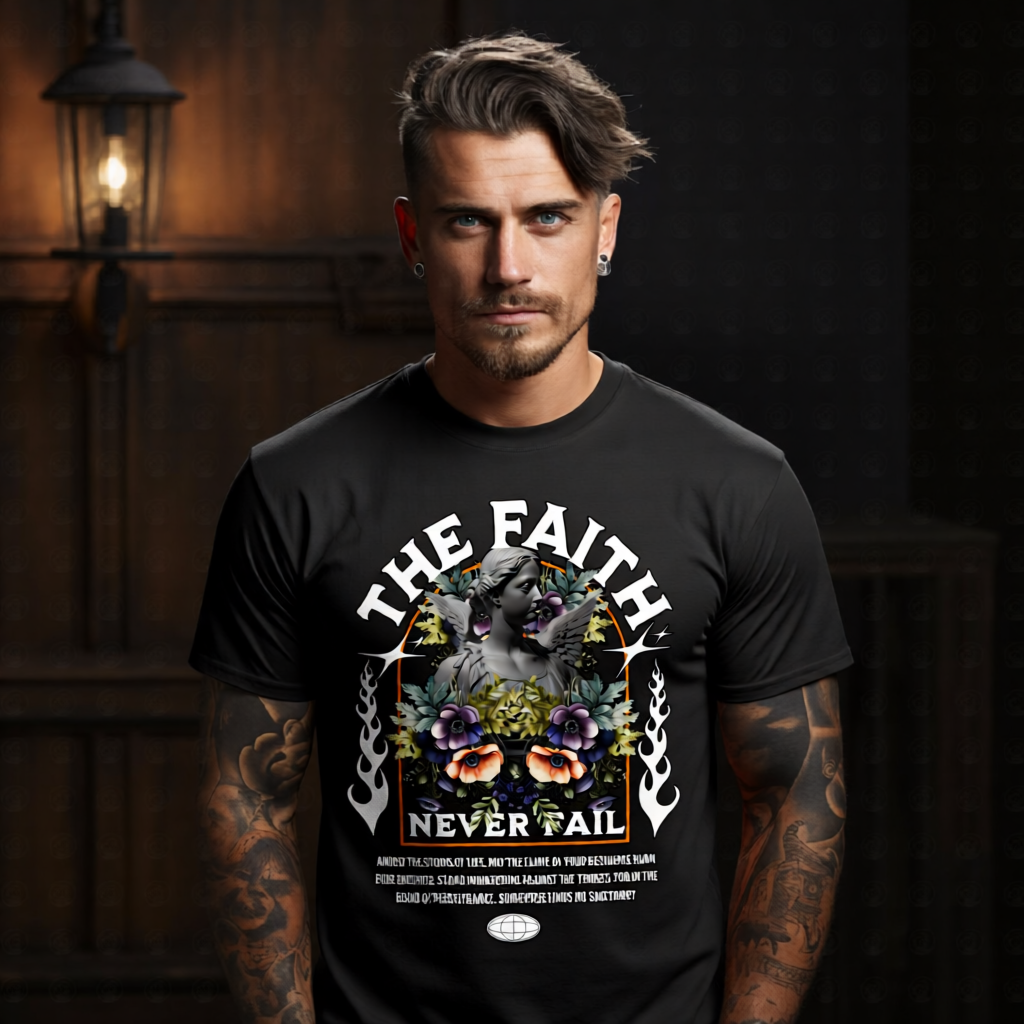 THE FAITH NEVER FAIL oversized streetwear t-shirt — classical marble angel statue with baroque botanical collage, gothic arch text, and resilience quote graphic tee by Project Hood