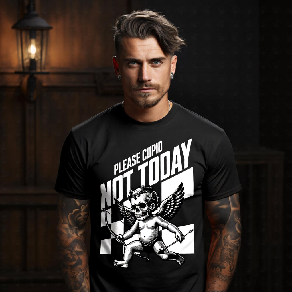 please cupid not today skull cherub bow arrow black white tee Project Hood