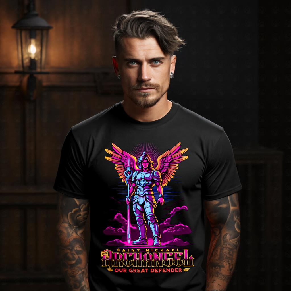 saint michael archangel neon warrior pink cyan armor tee Project Hood