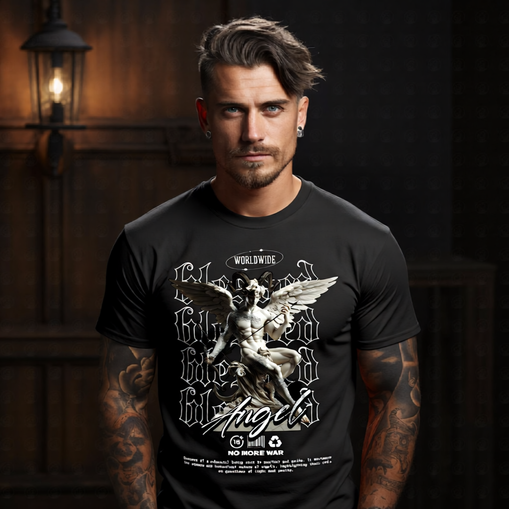 no more war worldwide blessed dual-wing angel halftone oversized tee Project Hood
