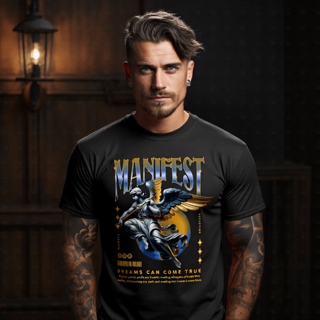 manifest majesty gold angel spear globe blue oversized tee Project Hood