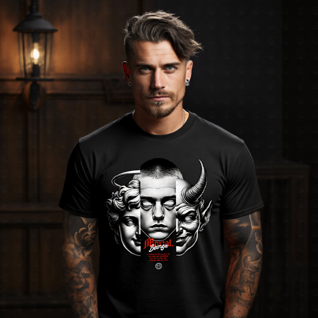 mortal trifaced angel human devil three merged faces gothic red text oversized tee Project Hood