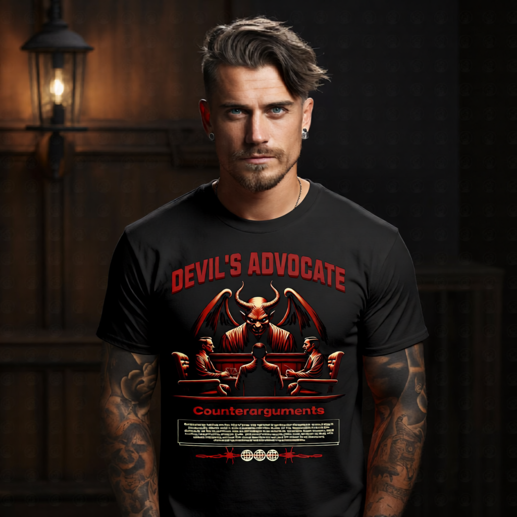 devil's advocate demon judge courtroom lawyers balance scale red oversized tee Project Hood