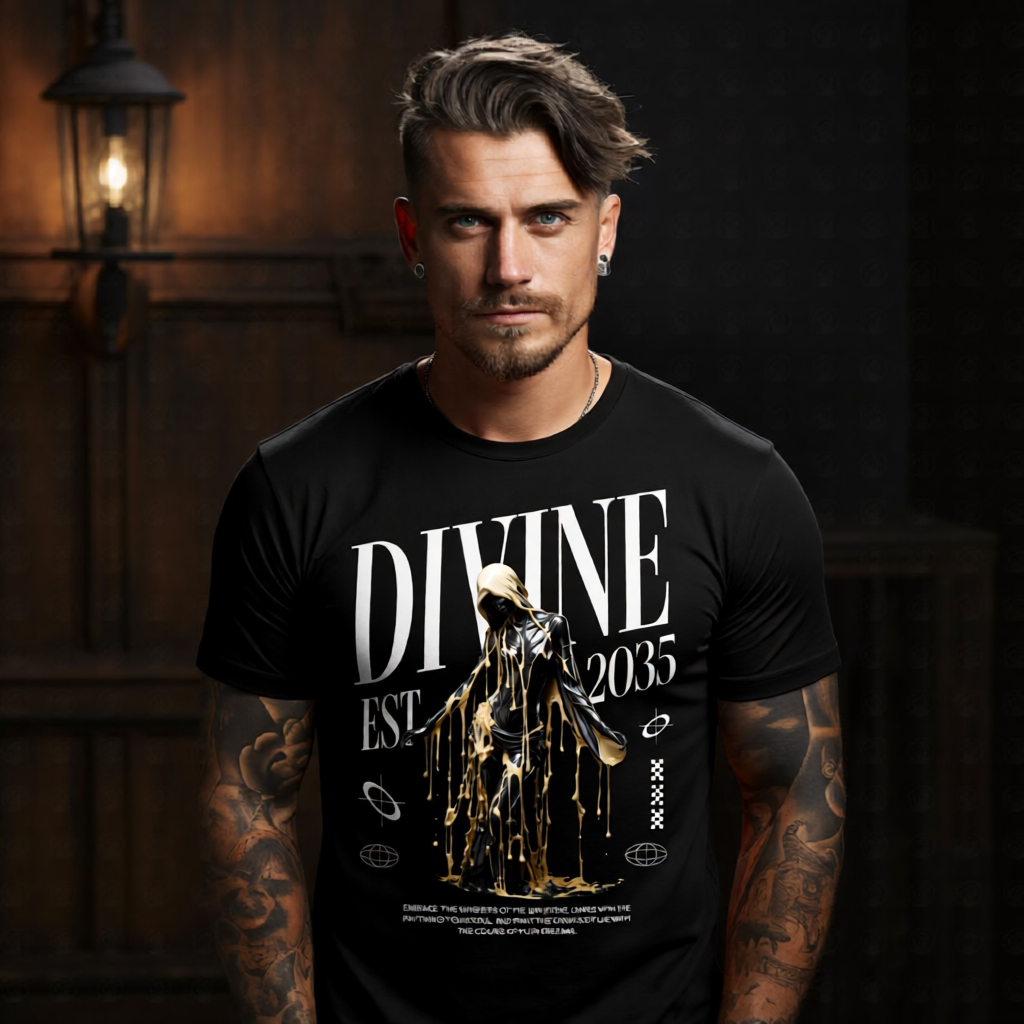 Divine EST 2035 gold drip oversized streetwear t-shirt — surrealist hooded figure graphic with luxury dark aesthetic and inspirational quote by Project Hood