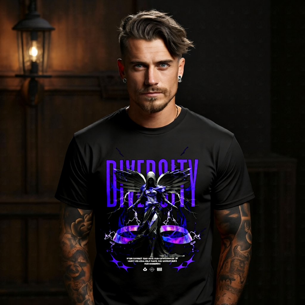 DIVERCITY oversized streetwear t-shirt — dark angel with electric purple lightning wings and holographic ribbon, JFK diversity quote graphic tee by Project Hood
