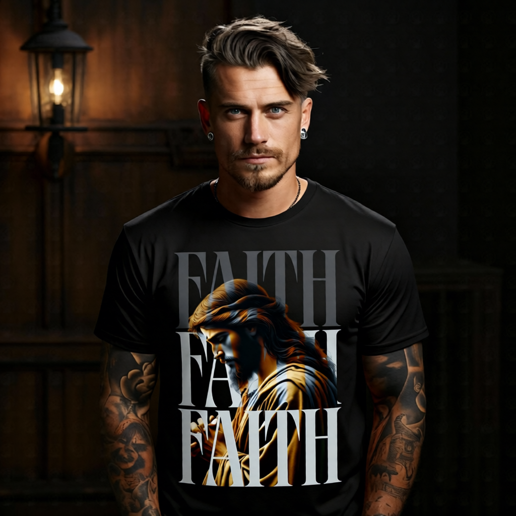 faith fading typography layers Jesus profile devotional oversized tee Project Hood