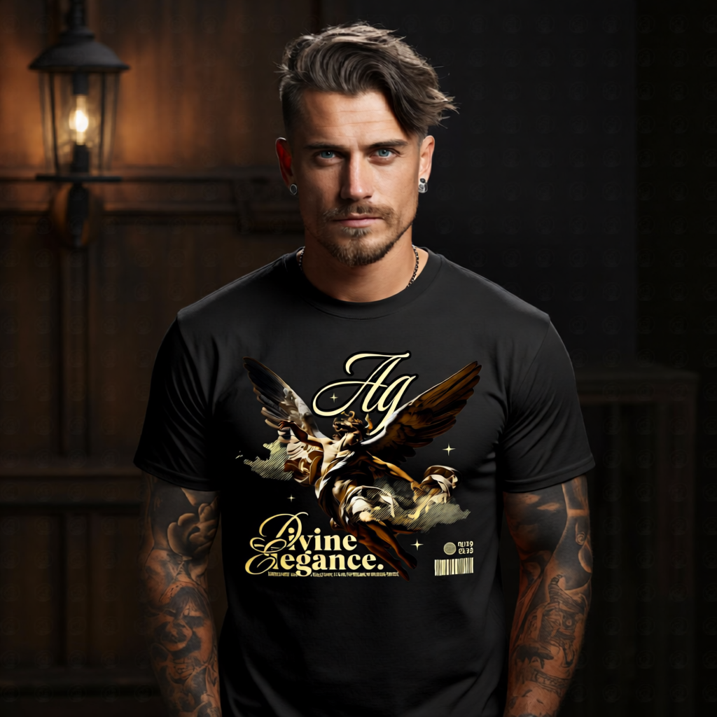divine elegance baroque angel in flight cream gold Ag script oversized tee Project Hood