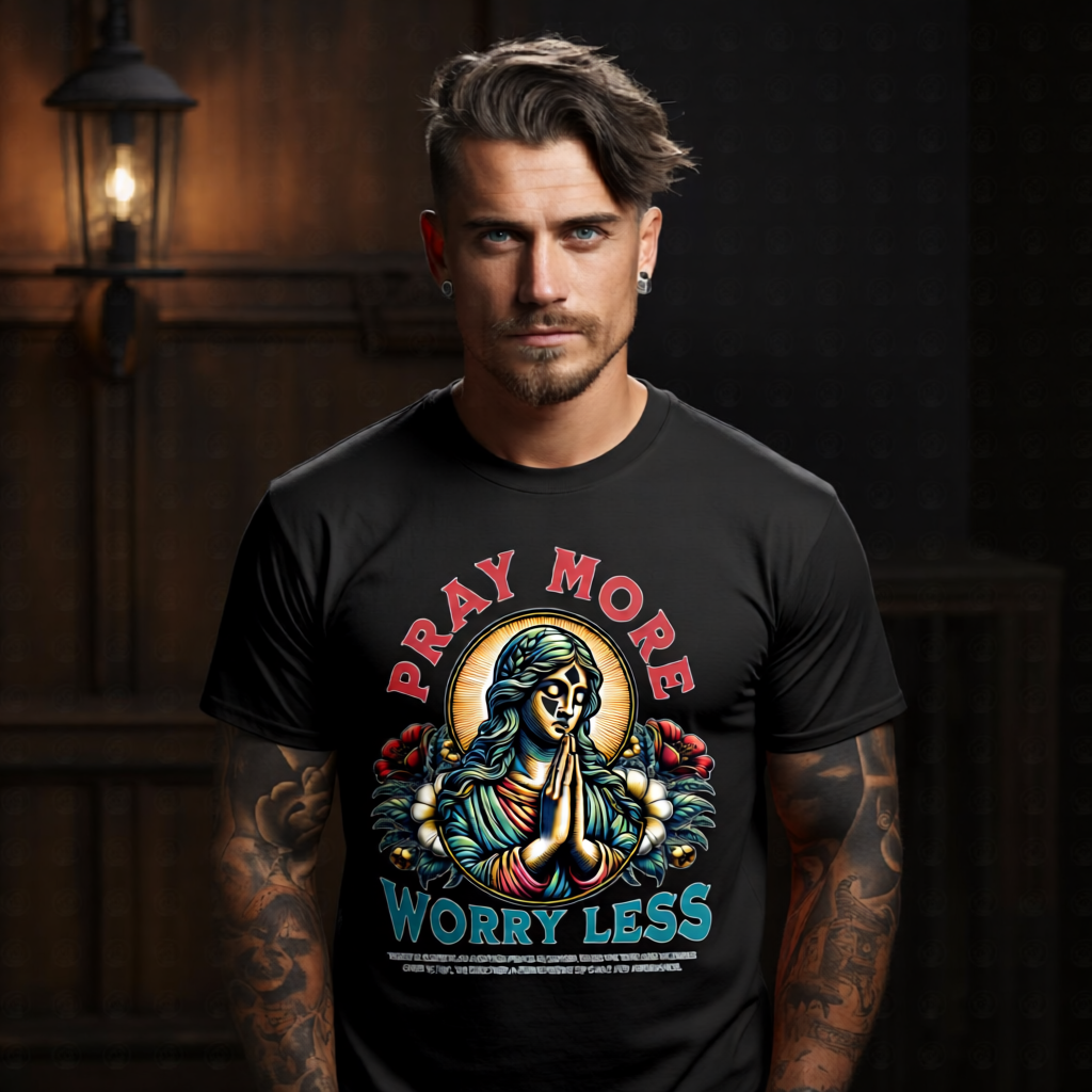 pray more worry less praying madonna floral halo red teal vintage oversized tee Project Hood
