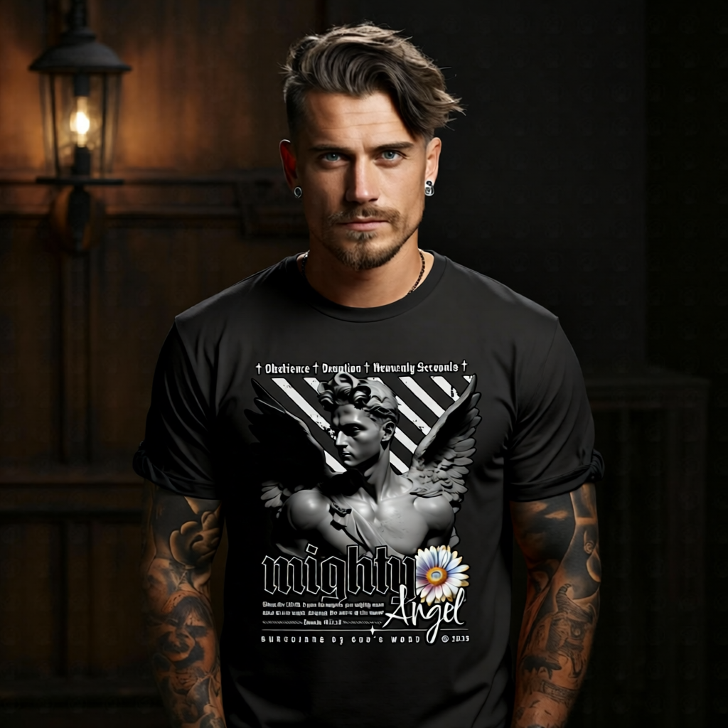 Tattooed Model Wearing Mighty Angel Black Graphic T-Shirt – Christian Streetwear by Project Hood | Faith-Based Urban Fashion
