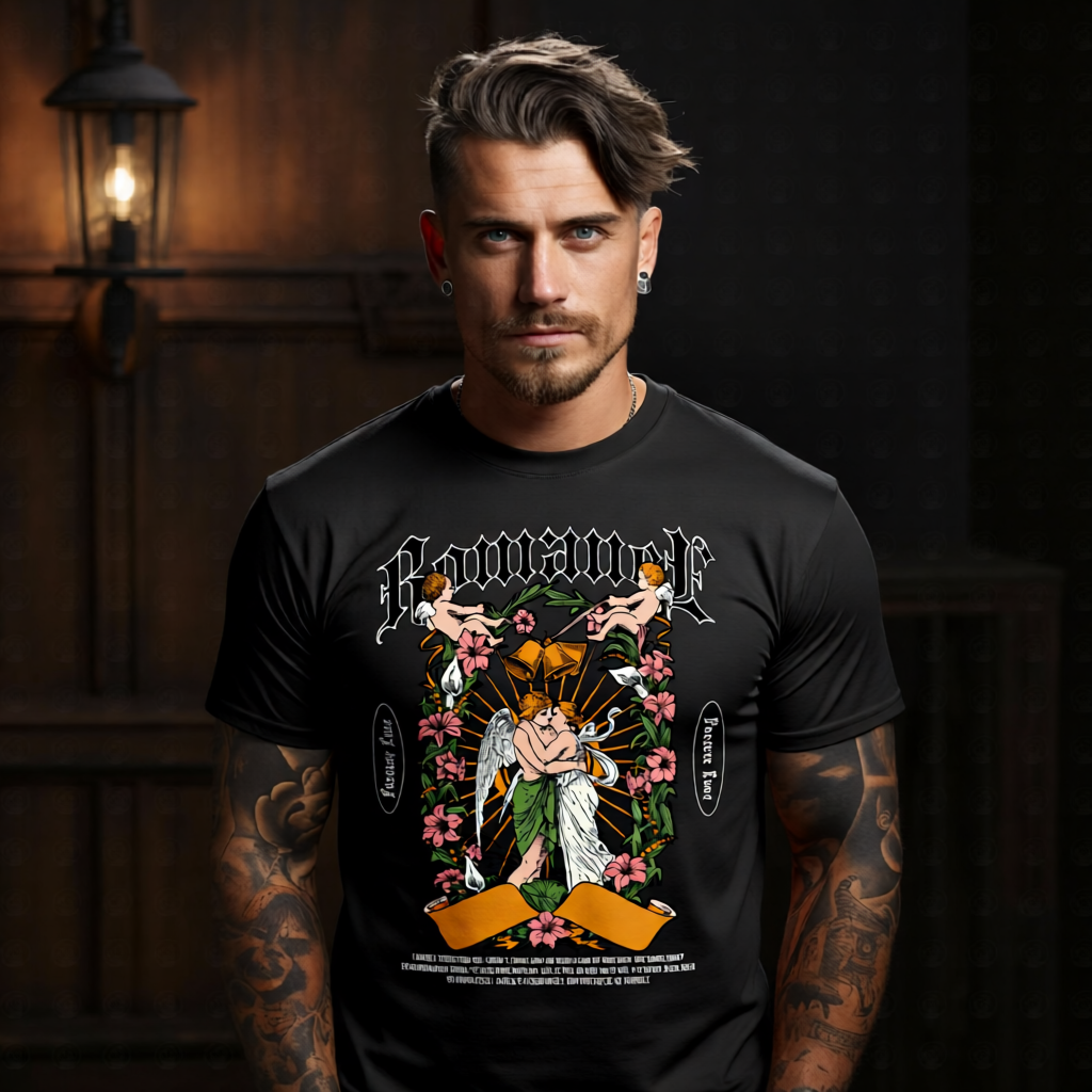 Tattooed male model wearing black oversized Romance angel graphic streetwear t-shirt by Project Hood