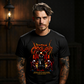 Tattooed man in dark gothic setting wearing Drowning in Anguish chained angel black graphic tee — Project Hood