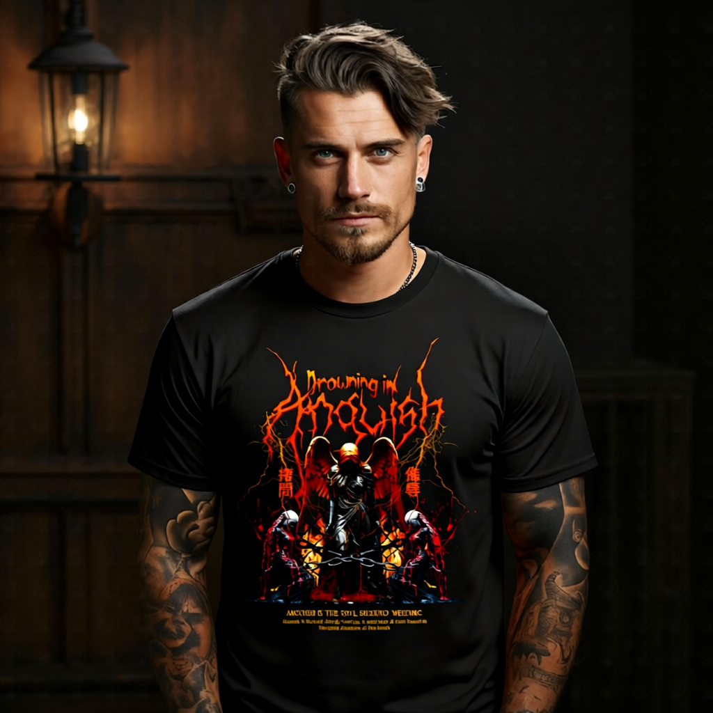 Tattooed man in dark gothic setting wearing Drowning in Anguish chained angel black graphic tee — Project Hood