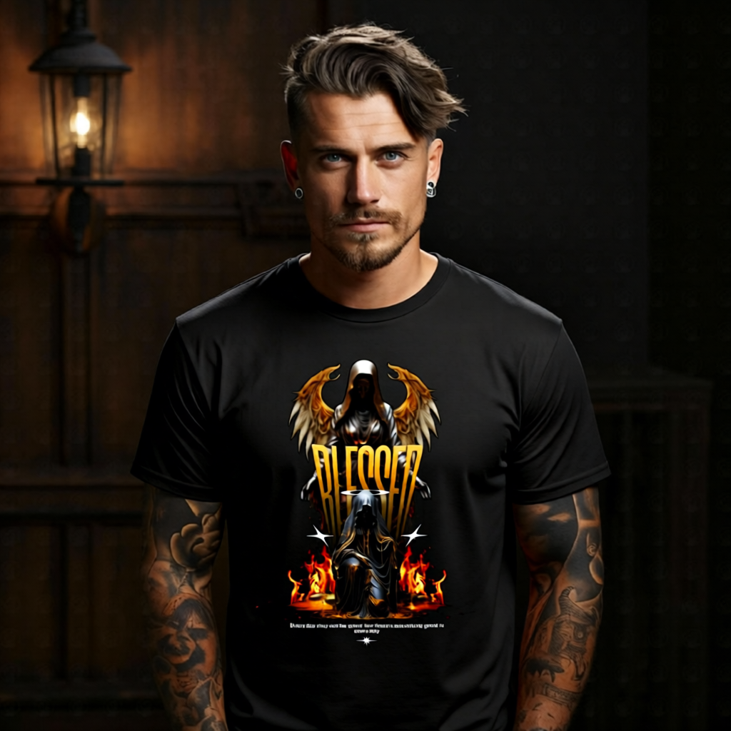 Blessed dark angel graphic tee with gold wings and halo on oversized streetwear shirt from Project Hood
