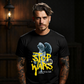 Stop war angel graphic tee with bold yellow graffiti text on classical marble angel statue from Project Hood