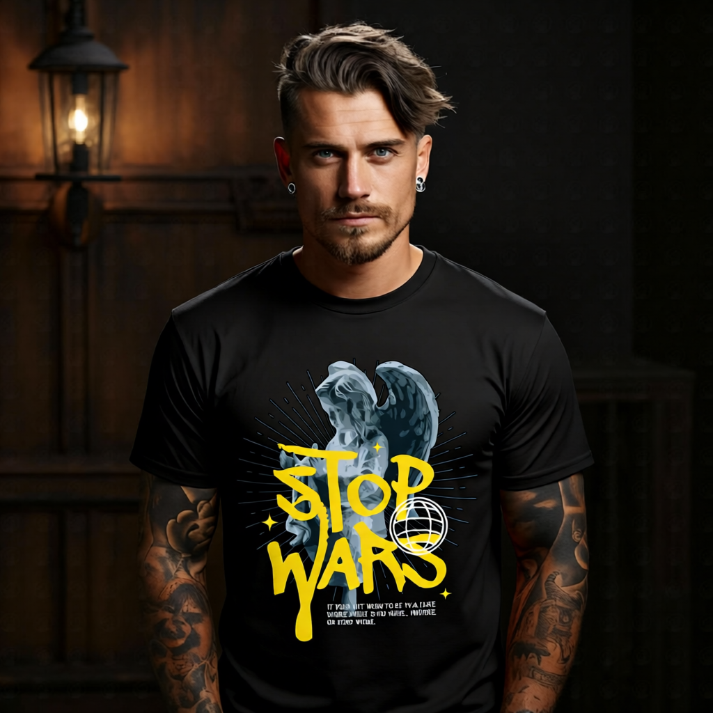 Stop war angel graphic tee with bold yellow graffiti text on classical marble angel statue from Project Hood