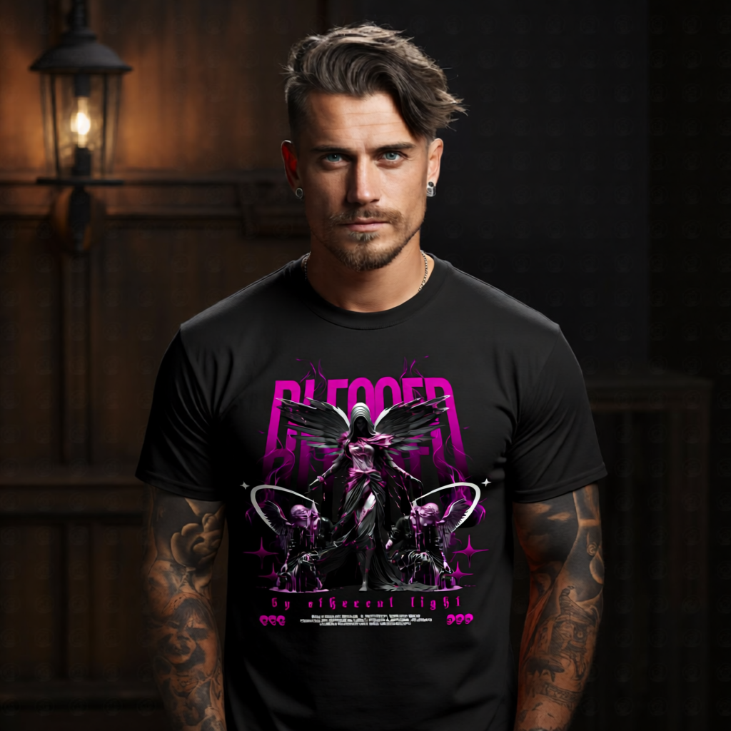 Blessed by ethereal light dark angel graphic tee with hot pink wings and magenta drip from Project Hood