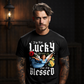 Im not lucky but im blessed vintage angel graphic tee with hibiscus flowers and gothic text from Project Hood