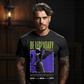 Be Legendary angel graphic tee with lime green text stone angel on purple background barbed wire frame from Project Hood