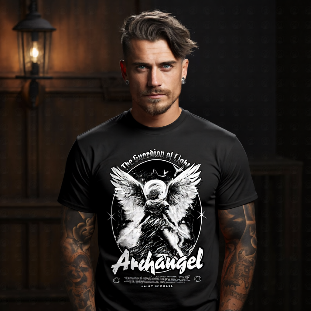 Archangel Saint Michael Guardian of Light graphic tee dramatic black white illustration with massive wings from Project Hood