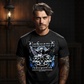 Unforgiven Consequences dark angel graphic tee with armed angels chain fence blue fire from Project Hood