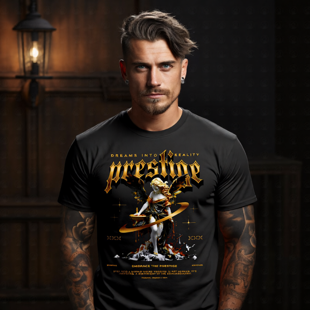 Prestige Dreams Into Reality gold angel graphic tee with Gothic lettering marble figure and orbital ring from Project Hood