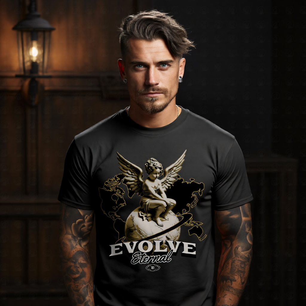 EVOLVE Eternal Cherub Graphic T-Shirt – Gold Globe Celestial Streetwear by Project Hood