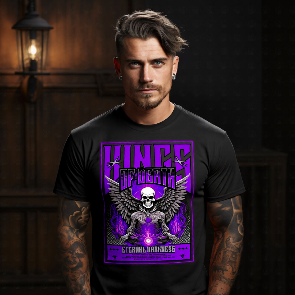 WINGS OF DEATH Graphic T-Shirt – Neon Purple Gothic Skeleton Streetwear by Project Hood