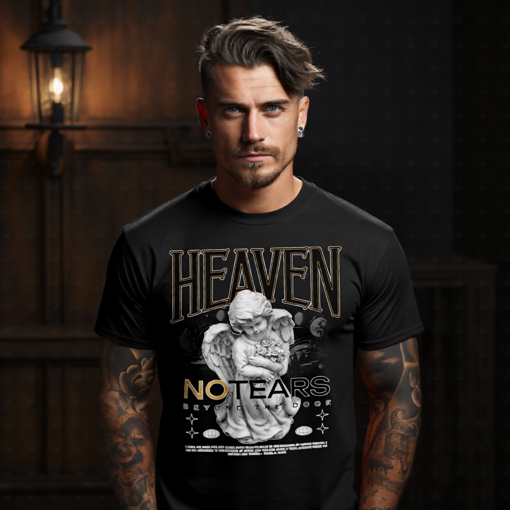 HEAVEN NO TEARS Graphic T-Shirt – Kneeling Cherub Roses Celestial Streetwear by Project Hood