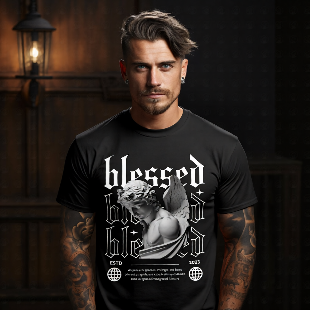 Oversized gothic angel streetwear t shirt with bold graphic and premium fabric