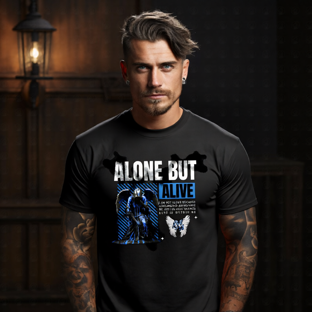 ALONE BUT ALIVE Dark Reaper Graphic T-Shirt – Cyber Goth Electric Blue Streetwear by Project Hood