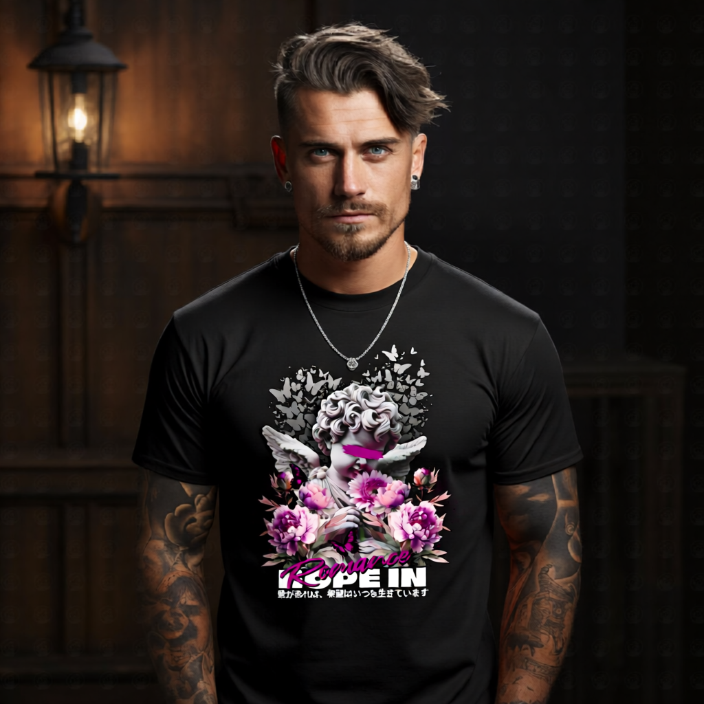 HOPE IN Romance Censored Cherub Graphic T-Shirt – Vaporwave Pink Floral Streetwear by Project Hood