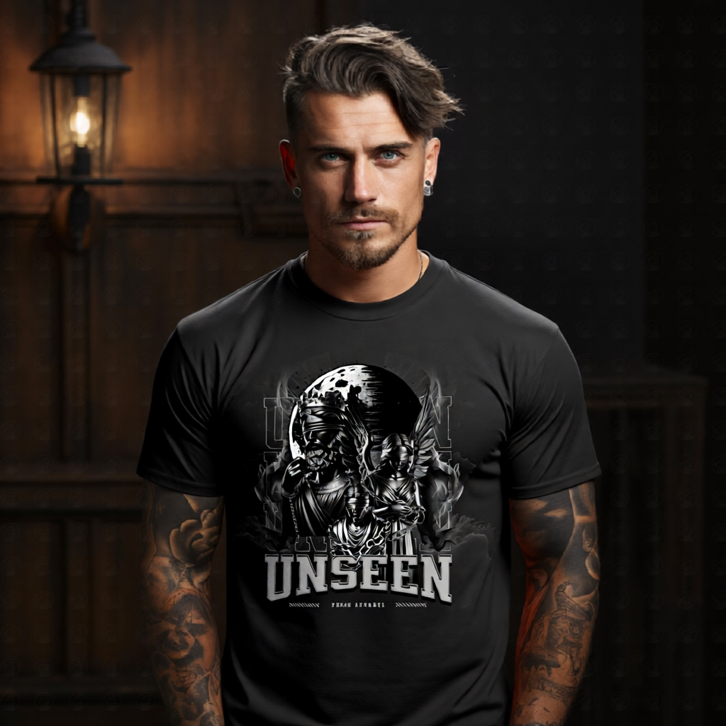 UNSEEN Blind Justice Angel Graphic T-Shirt – Dark Fantasy Monochrome Streetwear by Project Hood