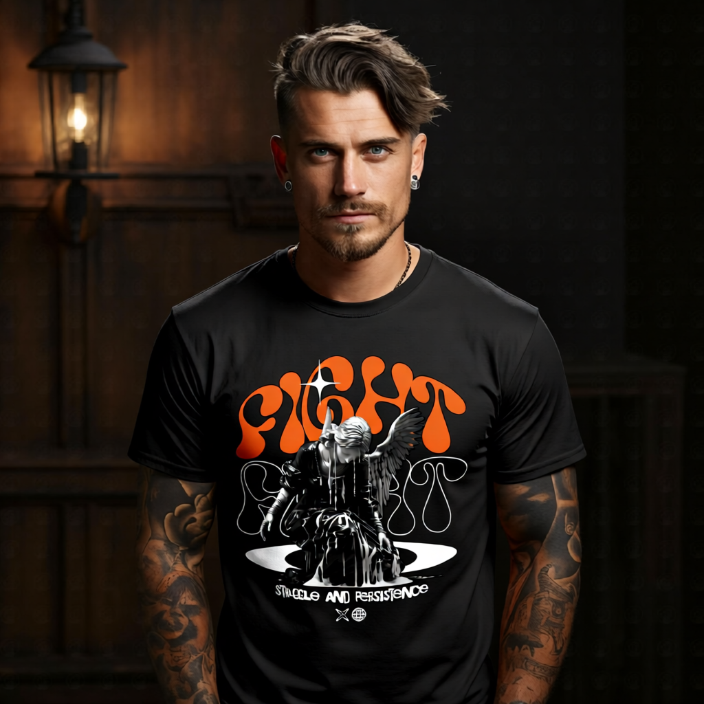 FIGHT SPIRIT Struggle and Persistence Graphic T-Shirt – Orange Retro Streetwear by Project Hood