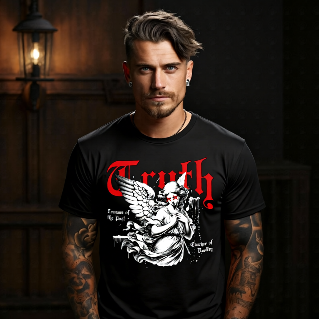TRUTH Lessons of the Past Angel Graphic T-Shirt – Gothic Red Courage of Reality Streetwear by Project Hood