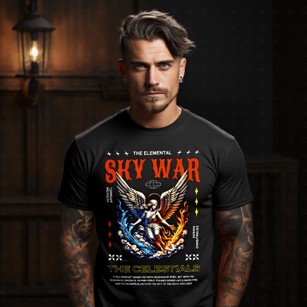 SKY WAR The Celestials Elemental Angel Graphic T-Shirt – Fire Water Wings Fantasy Streetwear by Project Hood